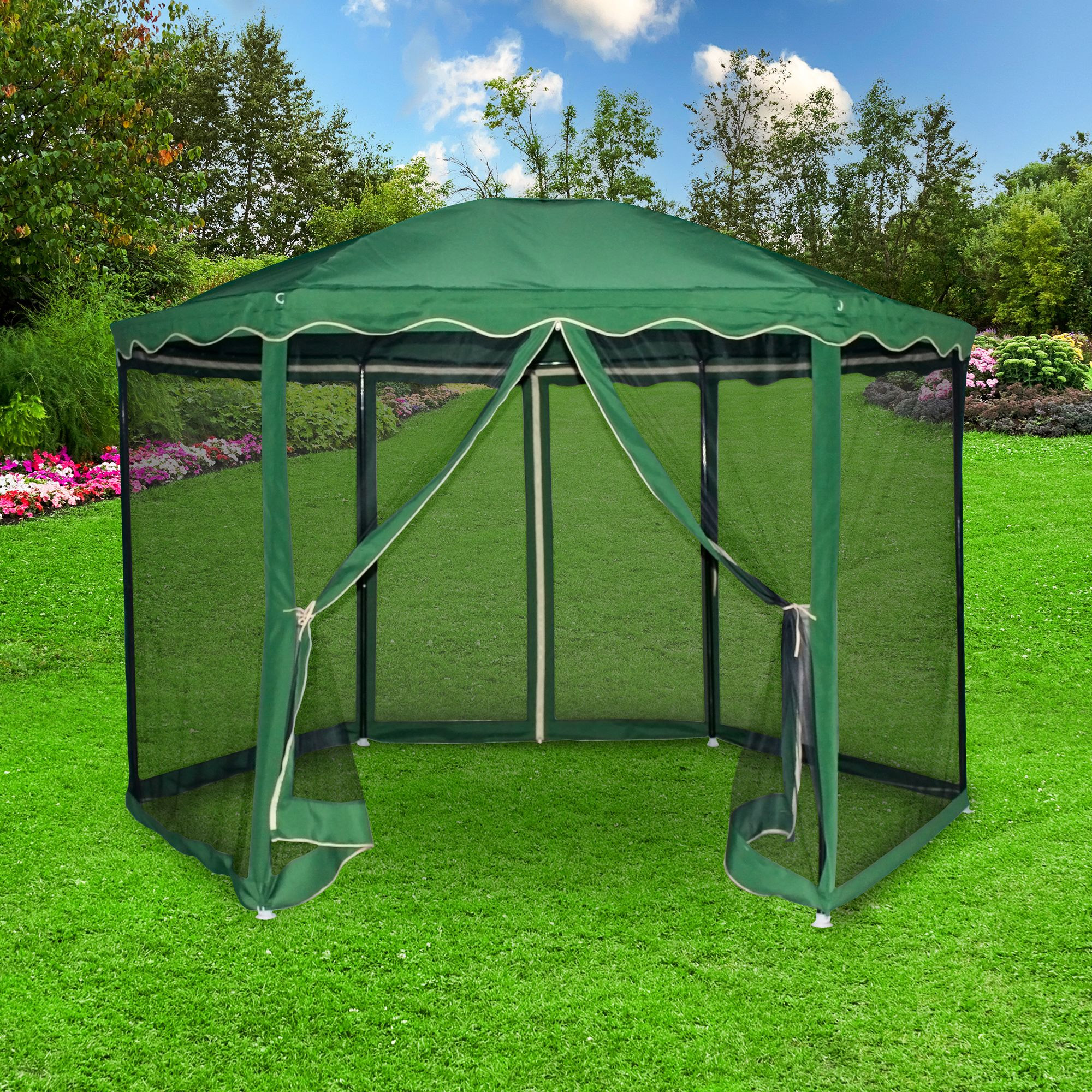 (DL) Pavilion de gradina cu plasa anti insecte si fermoar, hexagonal, 180cm, Verde - Image 4