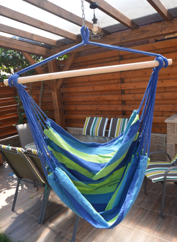 Hamac tip leagan suspendat pentru casa sau gradina, albastru-verde, 130x100cm, 150kg - Image 8