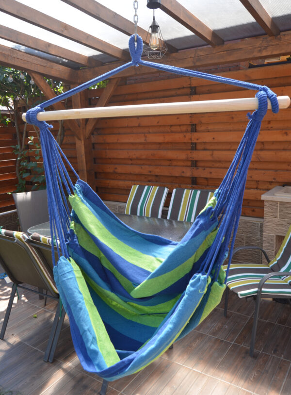 Hamac tip leagan suspendat pentru casa sau gradina, albastru-verde, 130x100cm, 150kg - Image 9