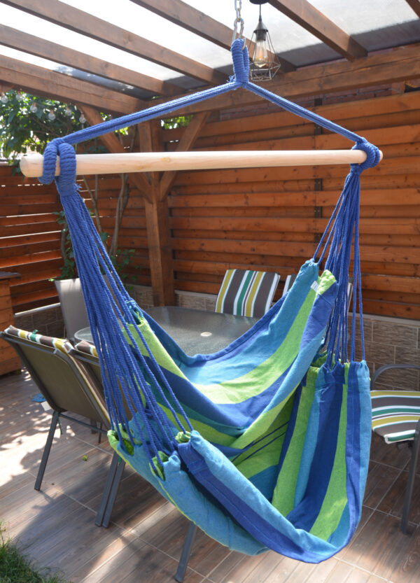 Hamac tip leagan suspendat pentru casa sau gradina, albastru-verde, 130x100cm, 150kg - Image 10