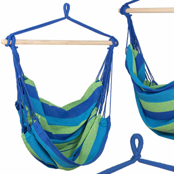 Hamac tip leagan suspendat pentru casa sau gradina, albastru-verde, 130x100cm, 150kg - Image 5