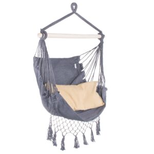 Hamac tip leagan suspendat pentru casa sau gradina HM12, gri inchis cu perne, 130x100cm, 150kg