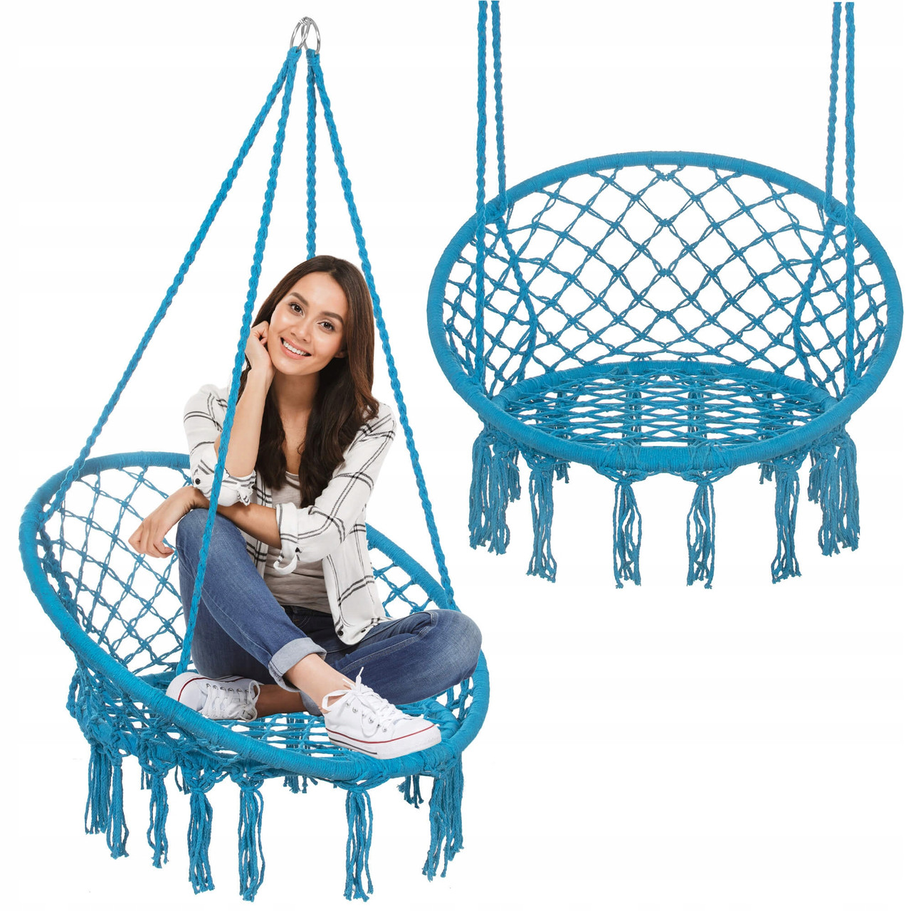 (DL) Scaun rotund tip leagan suspendat pentru casa sau gradina SPR25, cu franjuri, 150kg, albastru - Image 5
