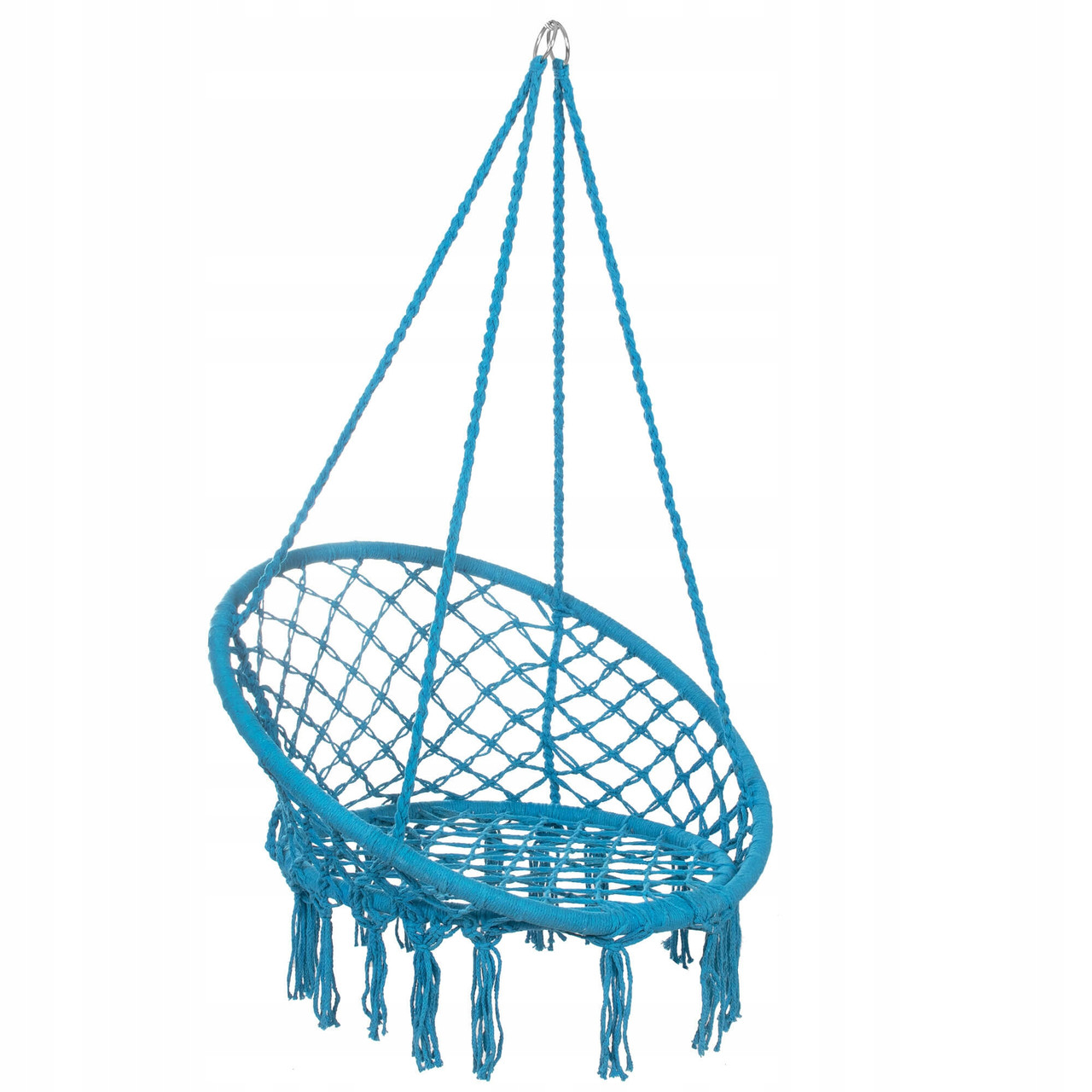 (DL) Scaun rotund tip leagan suspendat pentru casa sau gradina SPR25, cu franjuri, 150kg, albastru