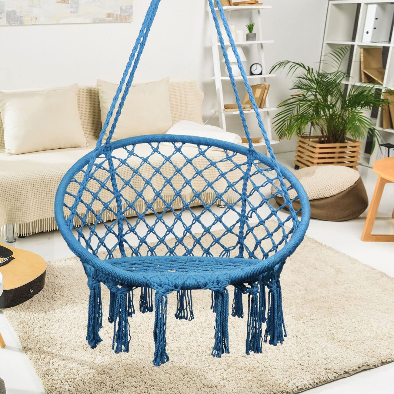 (DL) Scaun rotund tip leagan suspendat pentru casa sau gradina SPR25, cu franjuri, 150kg, albastru - Image 2
