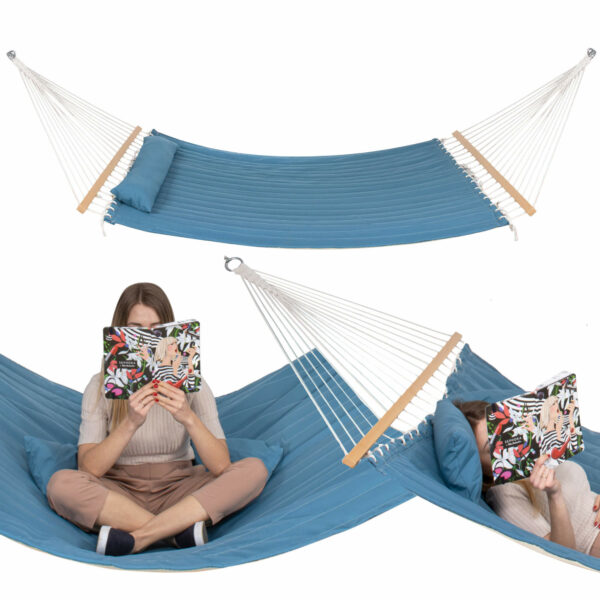 Hamac Dublu cu Bara Stabilizatoare din Lemn, HM57, Capacitate 250kg, 200x140cm, albastru - Image 4