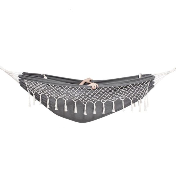 Kétszemélyes függőágy rojtokkal és 2 párnával, 200kg, 200×150 cm, sötétszürke