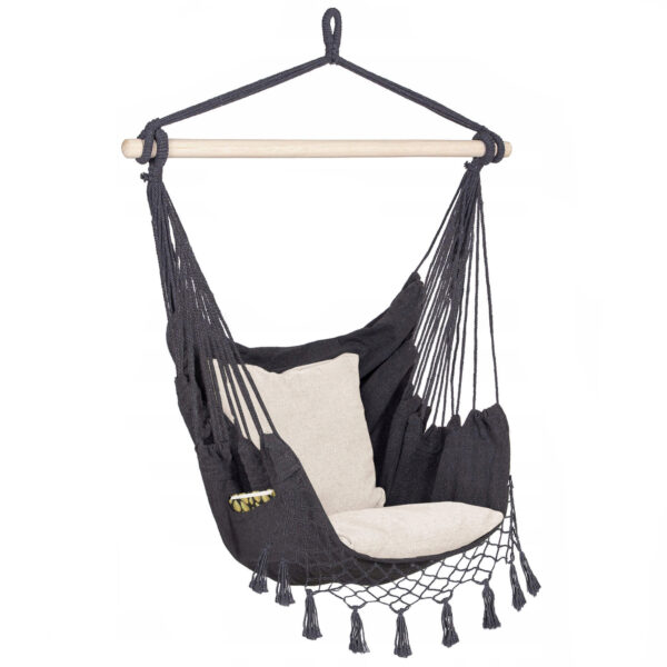 Függesztett hinta függőágy otthonra vagy kertre HM44, sötétszürke párnákkal, 130x100cm, 150kg