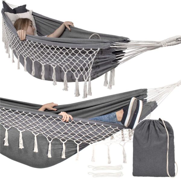 Kétszemélyes függőágy rojtokkal és 2 párnával, 200kg, 200×150 cm, sötétszürke - Image 13
