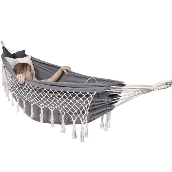 Kétszemélyes függőágy rojtokkal és 2 párnával, 200kg, 200×150 cm, sötétszürke - Image 14