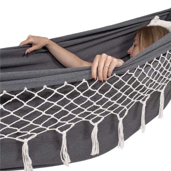 Kétszemélyes függőágy rojtokkal és 2 párnával, 200kg, 200×150 cm, sötétszürke - Image 16