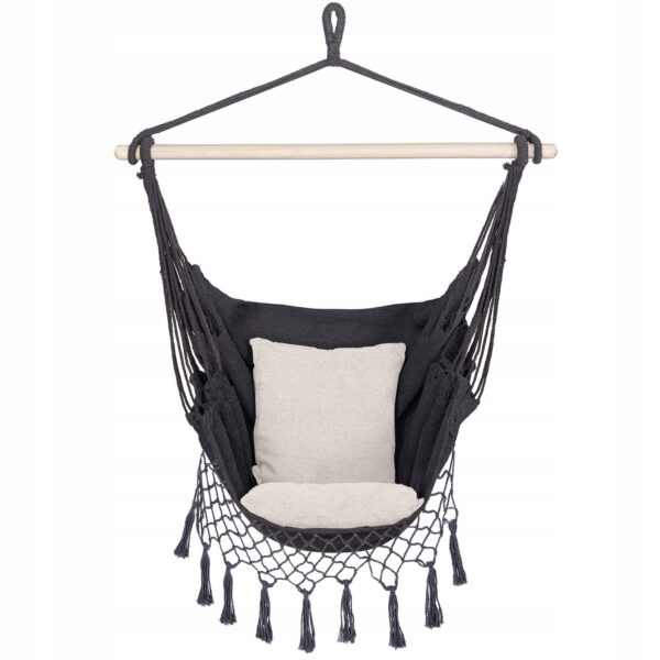 Függesztett hinta függőágy otthonra vagy kertre HM44, sötétszürke párnákkal, 130x100cm, 150kg - Image 16