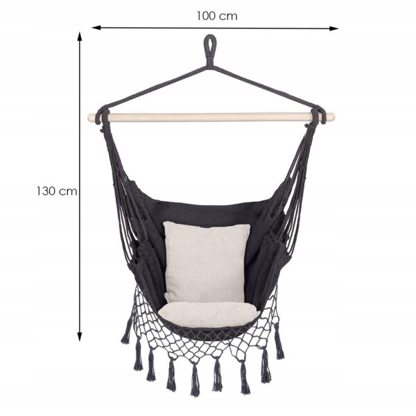 Függesztett hinta függőágy otthonra vagy kertre HM44, sötétszürke párnákkal, 130x100cm, 150kg - Image 5