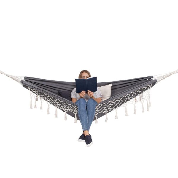 Kétszemélyes függőágy rojtokkal és 2 párnával, 200kg, 200×150 cm, sötétszürke - Image 11
