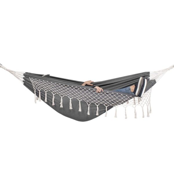 Kétszemélyes függőágy rojtokkal és 2 párnával, 200kg, 200×150 cm, sötétszürke - Image 12