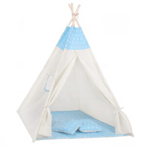 Gyermek sátor Sersimo indiai stílusú Teepee sátor ablakkal, vastag szőnyeggel és 2 párnával, fehér kék