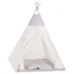 Cort copii Sersimo stil indian Teepee Tent cu fereastra, covoras gros si 2 perne, alb gri