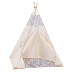 Gyermek sátor Sersimo indiai stílusú Teepee sátor ablakkal, vastag szőnyeggel és 2 párnával, fehér szürke felhőkkel