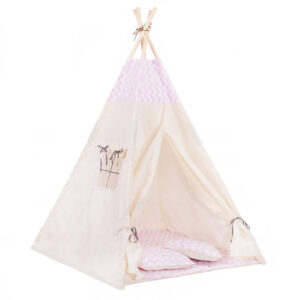Cort copii Sersimo stil indian Teepee Tent cu fereastra, covoras gros si 2 perne, alb roz cu dungi