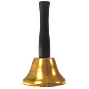 Aranyszínű fém csengő, fa nyéllel, 12cm