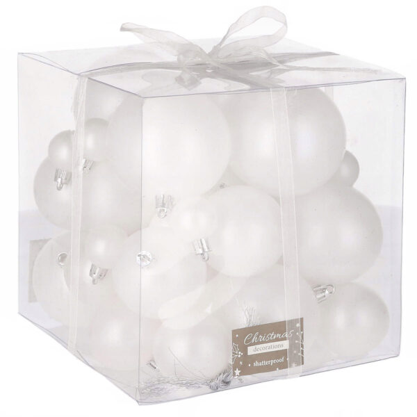 Set globuri de Craciun, 37 bucati, 3-8cm, alb perla