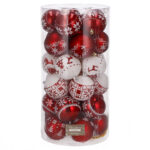 Karácsonyi gömbkészlet ünnepi mintákkal, 30 darab, 7 cm, fehér–piros