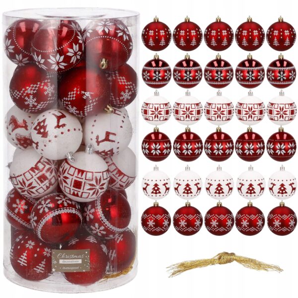 Set globuri de Craciun cu modele de sarbatori, 30 bucati, 5cm, alb rosu - Image 7