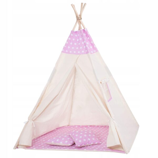 Cort copii Sersimo stil indian Teepee Tent cu fereastra, covoras gros si 2 perne, alb roz - Image 12