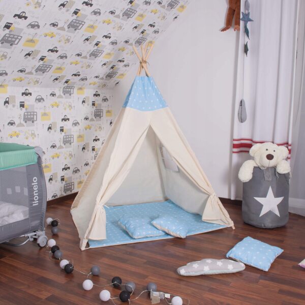 Gyermek sátor Sersimo indiai stílusú Teepee sátor ablakkal, vastag szőnyeggel és 2 párnával, fehér kék - Image 9