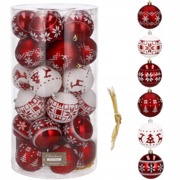 Set globuri de Craciun cu modele de sarbatori, 30 bucati, 5cm, alb rosu - Image 8