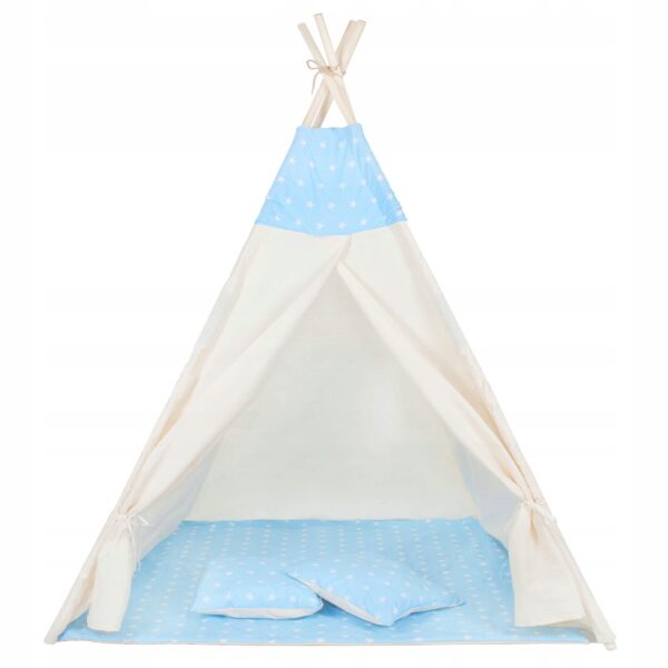 Gyermek sátor Sersimo indiai stílusú Teepee sátor ablakkal, vastag szőnyeggel és 2 párnával, fehér kék - Image 10