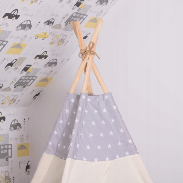 Cort copii Sersimo stil indian Teepee Tent cu fereastra, covoras gros si 2 perne, alb gri - Image 3