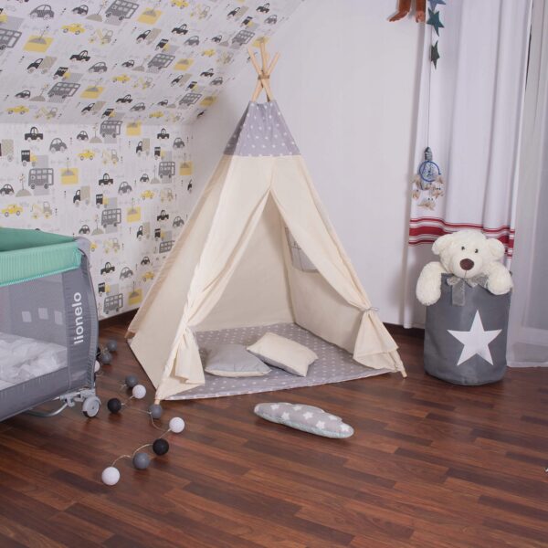 Cort copii Sersimo stil indian Teepee Tent cu fereastra, covoras gros si 2 perne, alb gri - Image 2