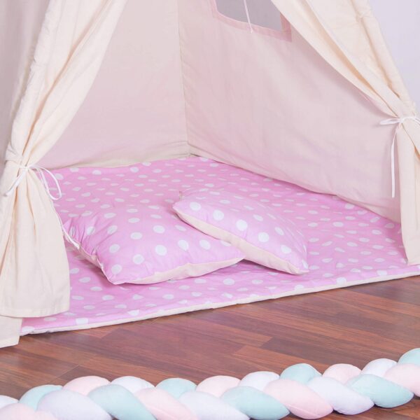 Cort copii Sersimo stil indian Teepee Tent cu fereastra, covoras gros si 2 perne, alb roz - Image 6