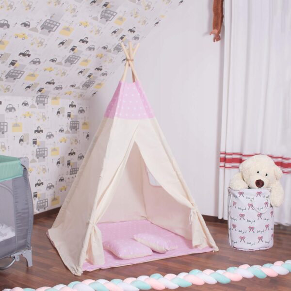 Cort copii Sersimo stil indian Teepee Tent cu fereastra, covoras gros si 2 perne, alb roz cu stelute - Image 2