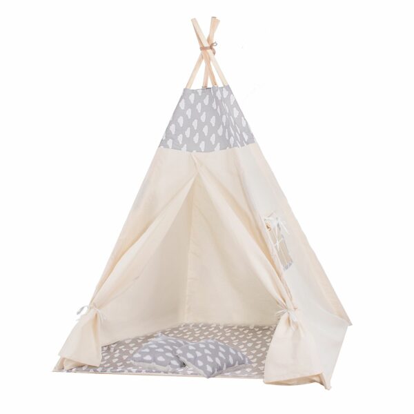 Gyermek sátor Sersimo indiai stílusú Teepee sátor ablakkal, vastag szőnyeggel és 2 párnával, fehér szürke felhőkkel - Image 2