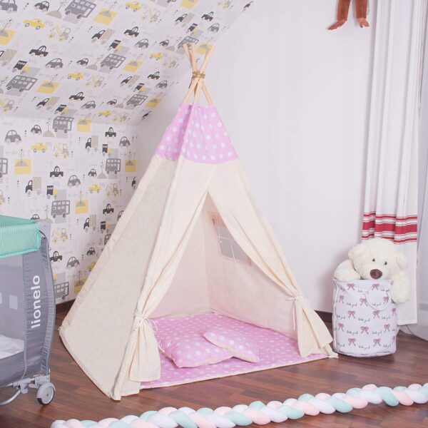 Cort copii Sersimo stil indian Teepee Tent cu fereastra, covoras gros si 2 perne, alb roz - Image 2