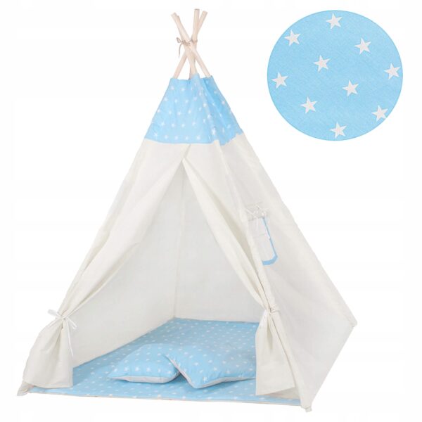 Gyermek sátor Sersimo indiai stílusú Teepee sátor ablakkal, vastag szőnyeggel és 2 párnával, fehér kék - Image 4