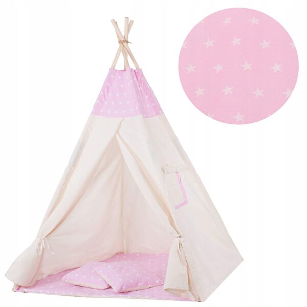 Cort copii Sersimo stil indian Teepee Tent cu fereastra, covoras gros si 2 perne, alb roz cu stelute - Image 7