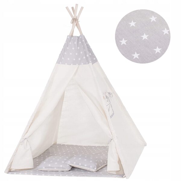 Cort copii Sersimo stil indian Teepee Tent cu fereastra, covoras gros si 2 perne, alb gri - Image 10