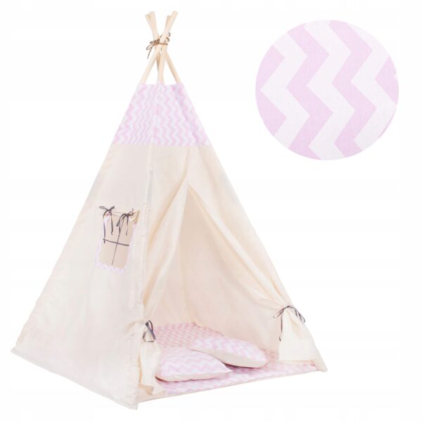 Cort copii Sersimo stil indian Teepee Tent cu fereastra, covoras gros si 2 perne, alb roz cu dungi - Image 7