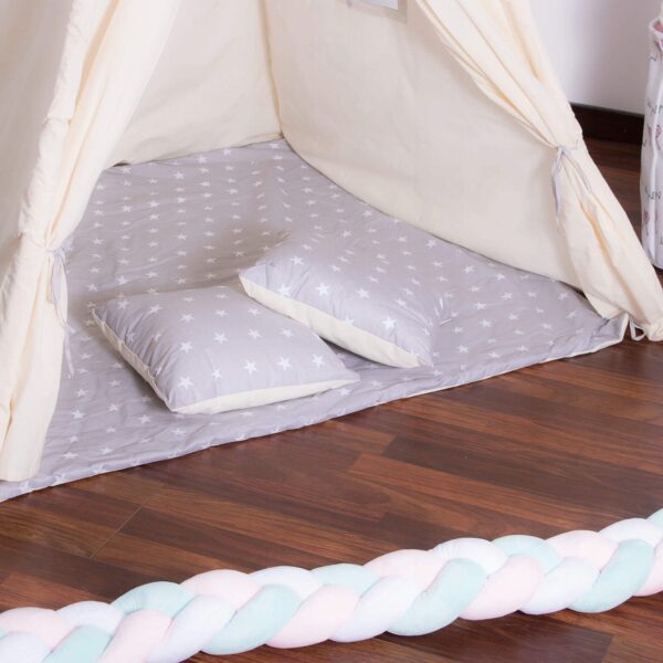 Cort copii Sersimo stil indian Teepee Tent cu fereastra, covoras gros si 2 perne, alb gri - Image 7