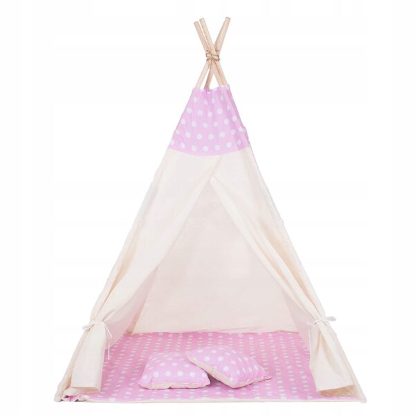 Cort copii Sersimo stil indian Teepee Tent cu fereastra, covoras gros si 2 perne, alb roz - Image 10