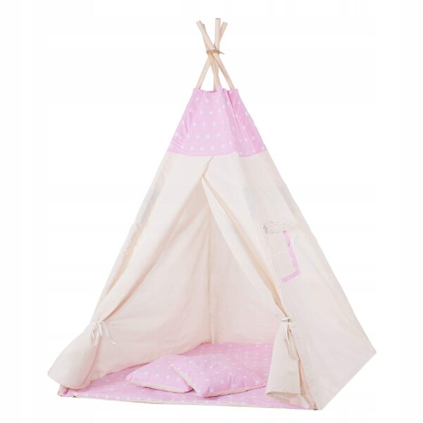 Cort copii Sersimo stil indian Teepee Tent cu fereastra, covoras gros si 2 perne, alb roz cu stelute - Image 9
