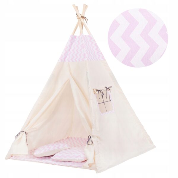 Cort copii Sersimo stil indian Teepee Tent cu fereastra, covoras gros si 2 perne, alb roz cu dungi - Image 10