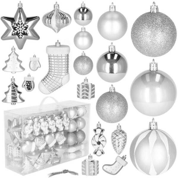 Set globuri si decoratiuni de Craciun, 77 piese, diverse dimensiuni, argintiu - Image 2
