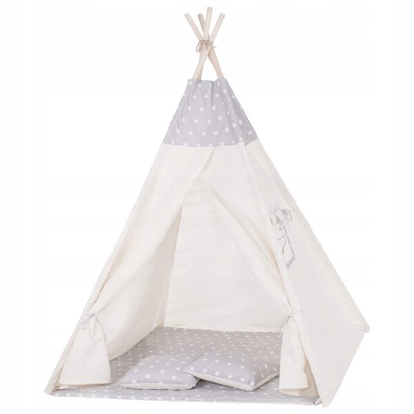 Cort copii Sersimo stil indian Teepee Tent cu fereastra, covoras gros si 2 perne, alb gri - Image 11