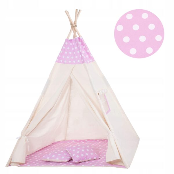 Cort copii Sersimo stil indian Teepee Tent cu fereastra, covoras gros si 2 perne, alb roz - Image 11