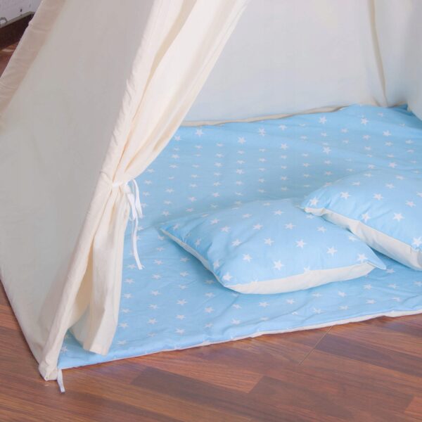 Gyermek sátor Sersimo indiai stílusú Teepee sátor ablakkal, vastag szőnyeggel és 2 párnával, fehér kék - Image 7