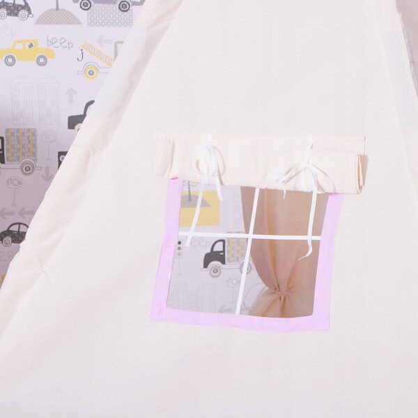 Cort copii Sersimo stil indian Teepee Tent cu fereastra, covoras gros si 2 perne, alb roz - Image 8